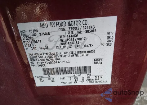 2005 Ford F-150 Fx4/Lariat/Xl/Xlt z USA, uszkodzony, nr VIN 1FTPX14535FA17143